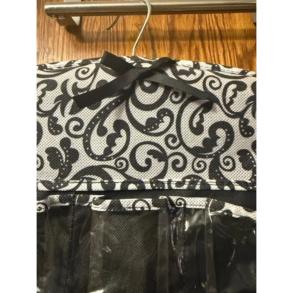 Hanging Jewelry Organizer Double Sided Clear Pockets Black White Damask Scroll